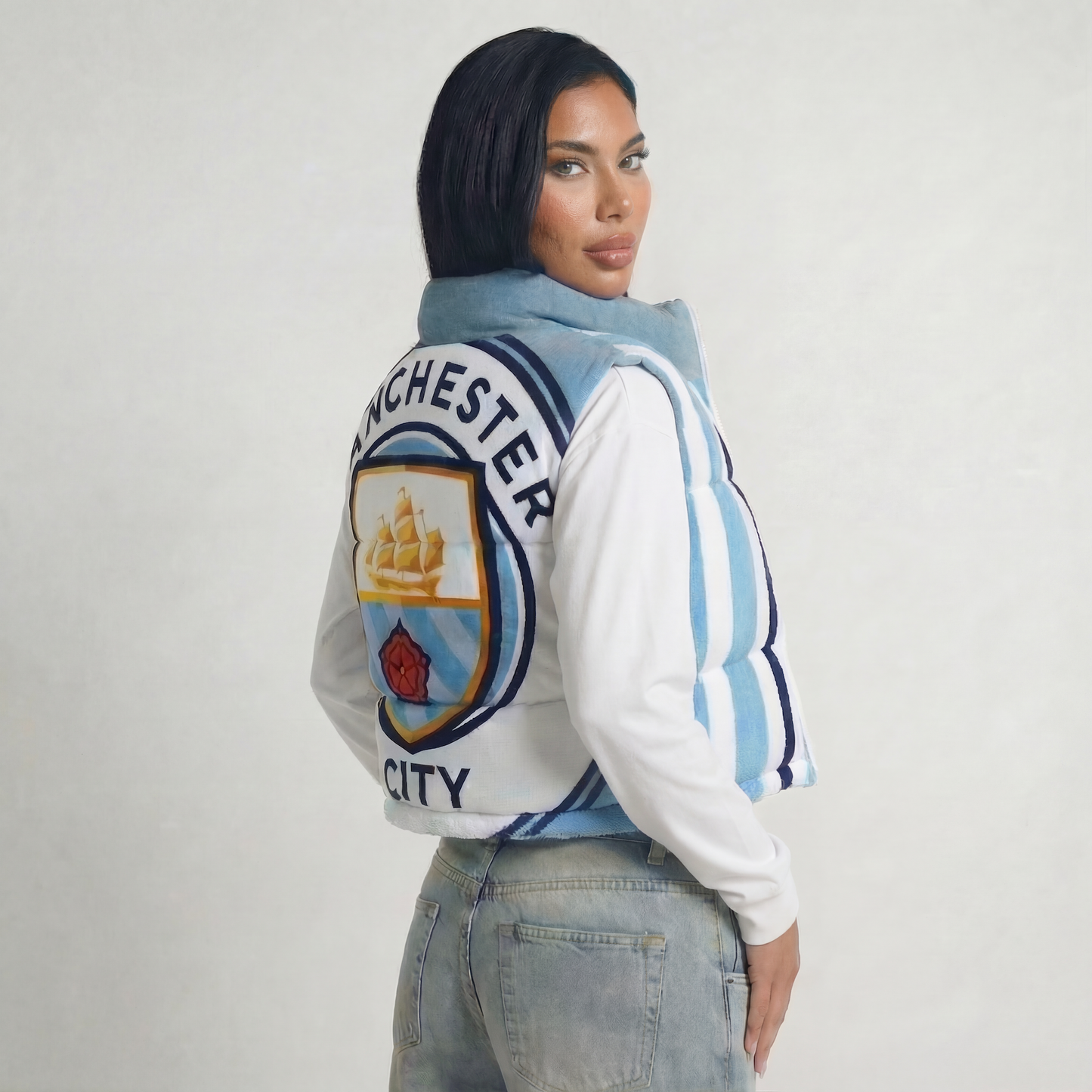 Man City Denim Puffer Vest Womens